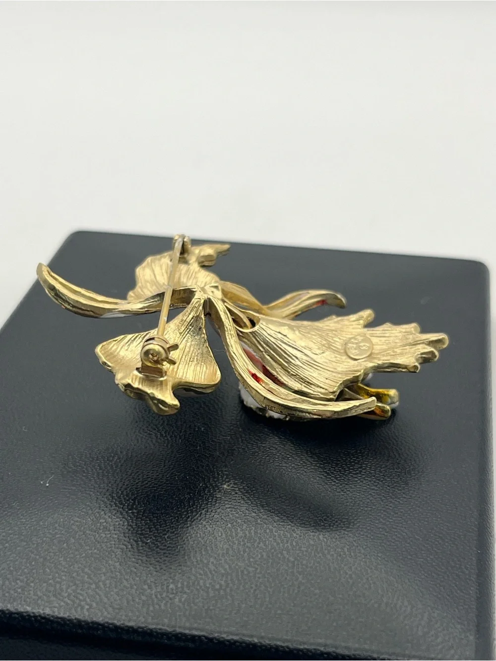 Weiss orchid flower enamel gold tone vintage brooch pin orange yellow